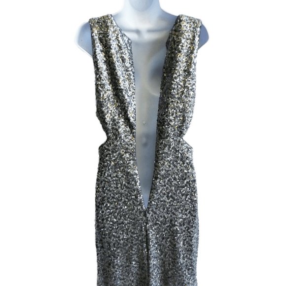 Heavy Silver Sequin Ruched  Evening Gown Betsy & Adam Elegant Trumpet Skirt USA - Picture 8 of 11